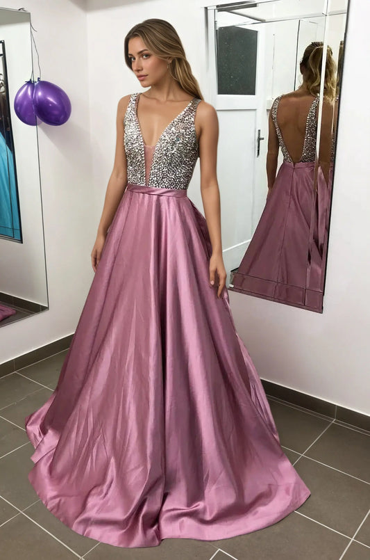 Dusty Rose V-Neck Satin A-Line Prom Dress with Beaded Bodice and Open Back for Formal Events and Prom Nights