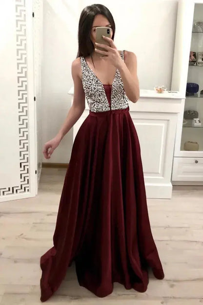 Dusty Rose V-Neck Satin A-Line Prom Dress with Beaded Bodice and Open Back for Formal Events and Prom Nights