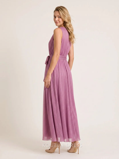 Dusty Rose V Neck Sleeveless Waist Tie Belted Shimmer Chiffon A-Line Floor Length Formal Evening Prom Dress