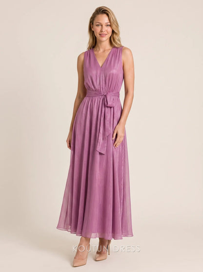 Dusty Rose V Neck Sleeveless Waist Tie Belted Shimmer Chiffon A-Line Floor Length Formal Evening Prom Dress