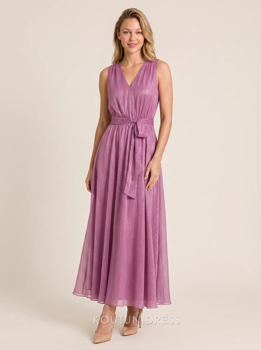 Dusty Rose V Neck Sleeveless Waist Tie Belted Shimmer Chiffon A-Line Floor Length Formal Evening Prom Dress