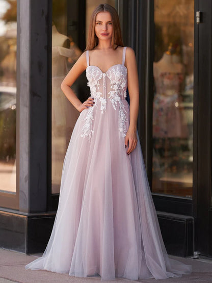 Dusty Rose White Lace Appliqué Spaghetti Strap Prom Dresses