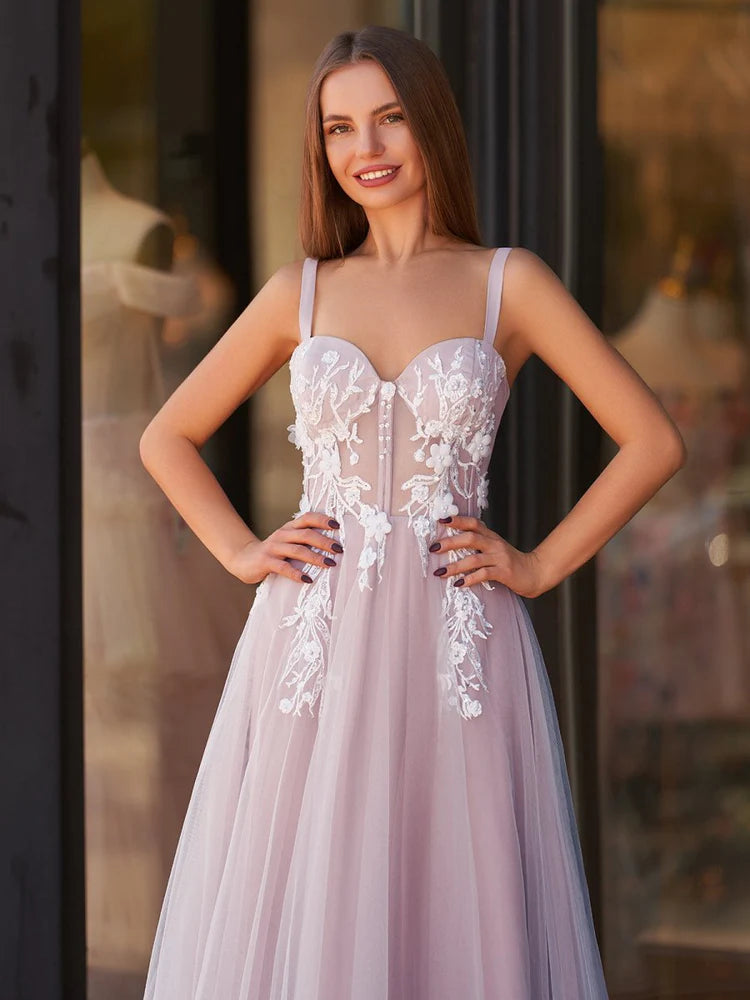 Dusty Rose White Lace Appliqué Spaghetti Strap Prom Dresses