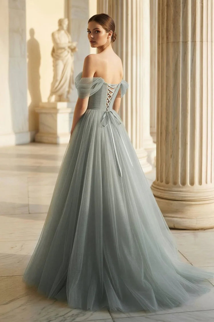 Dusty Sage Off Shoulder 3D Floral Tulle Ball Gown Prom Dresses