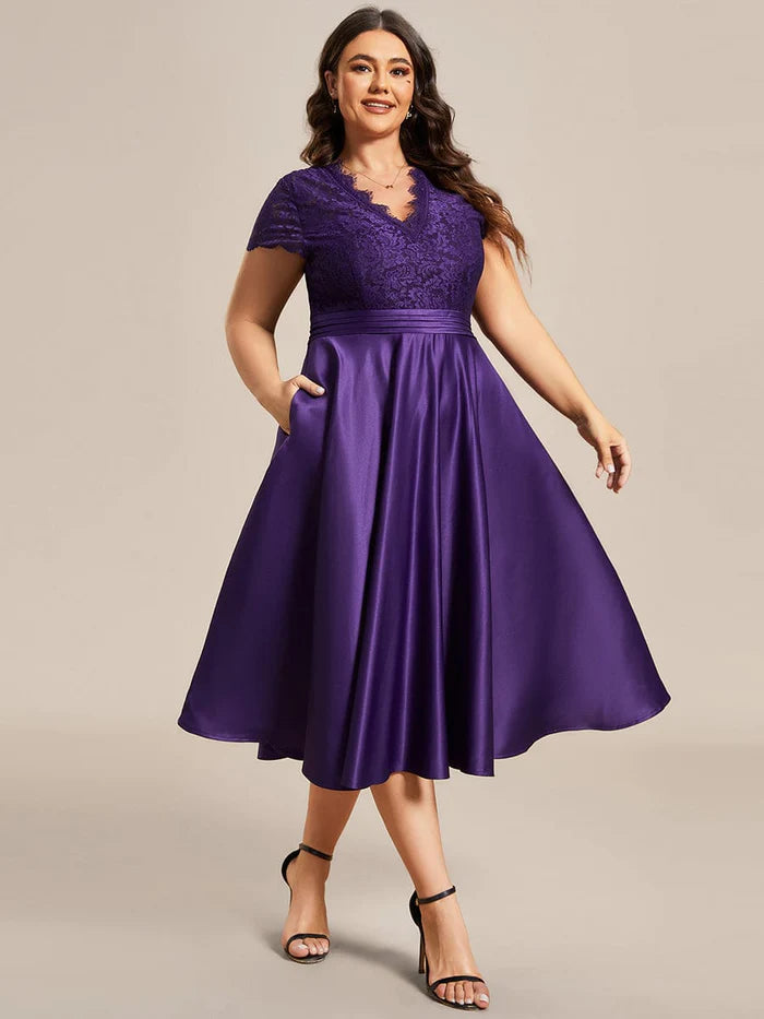 Romantic V-neck Lace Bodice Wedding Guest Dress with Pockets