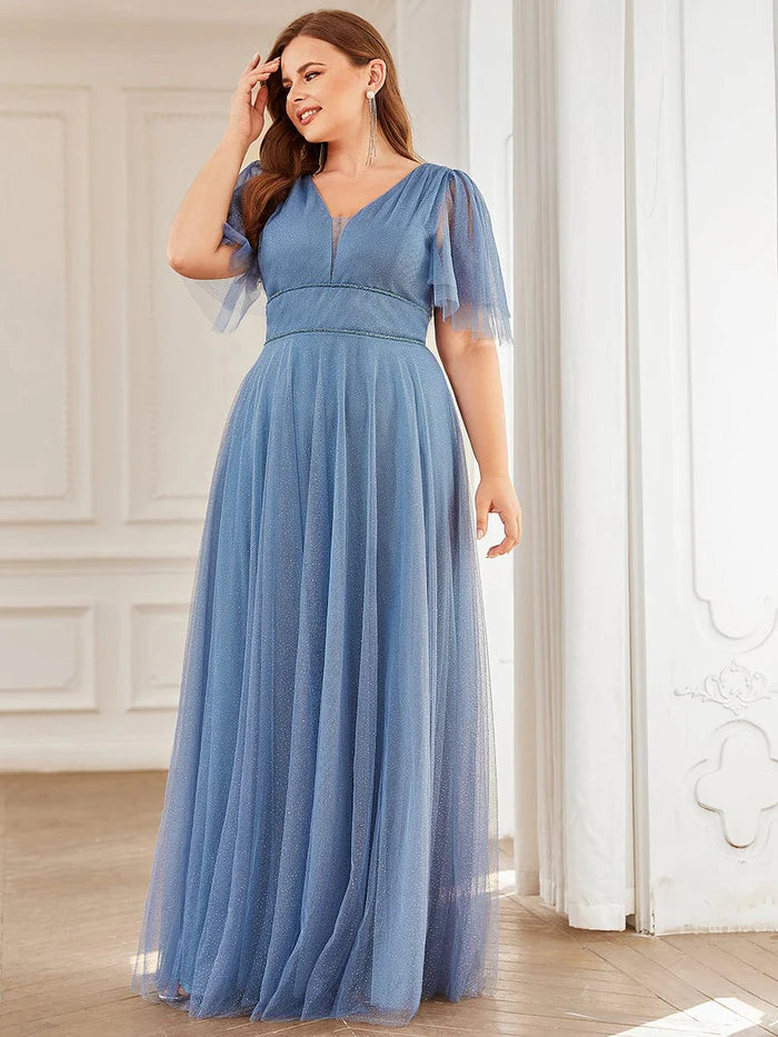Plus Size V Neck Tulle Formal Evening Dress with Ruffle Sleeves