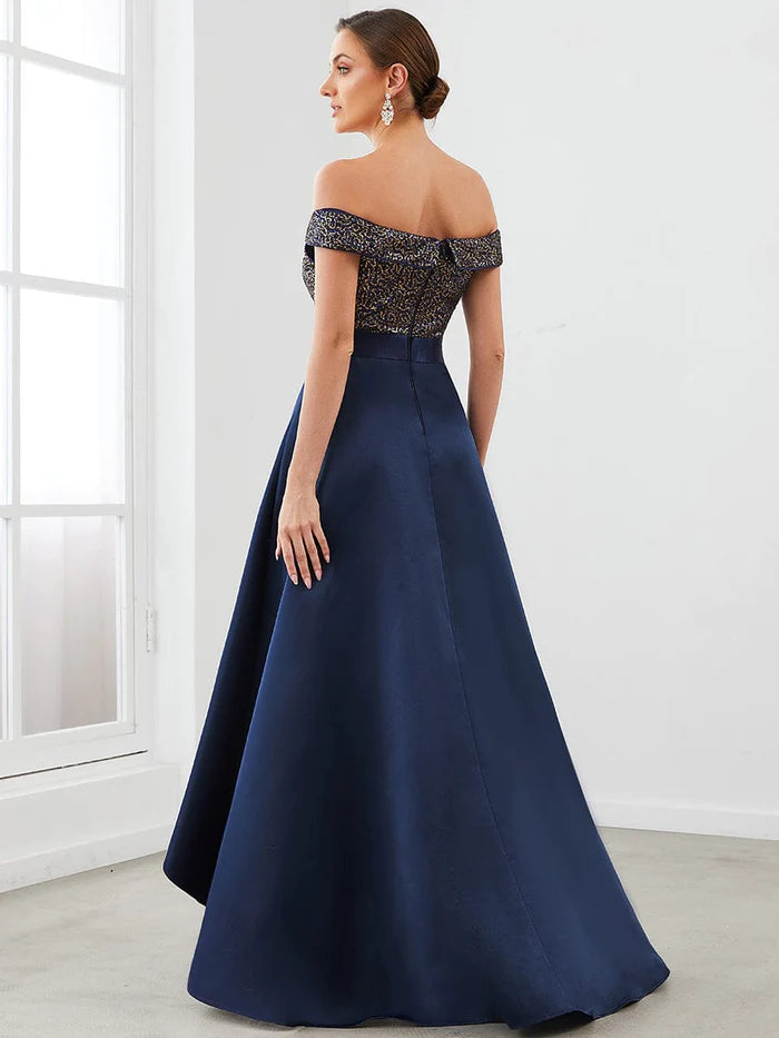 Off Shoulder Shimmer High Low Evening Dress