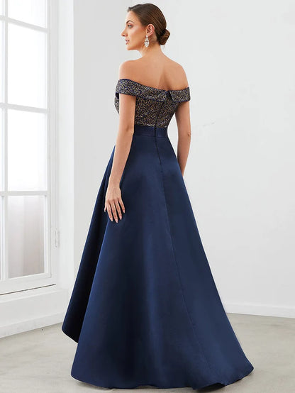 Off Shoulder Shimmer High Low Evening Dress