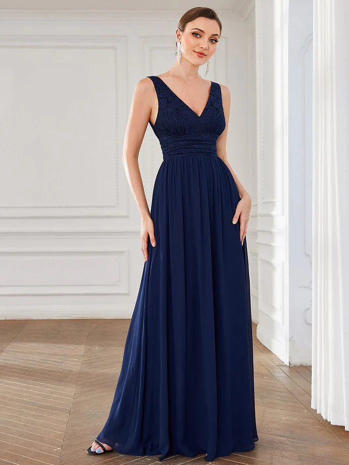Sleeveless V-Neck Empire Waist Floor-Length Evening Dress
