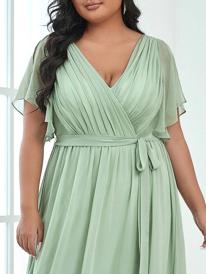 A-Line Pleated Chiffon Tie-Waist Evening Dress