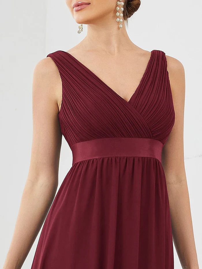 Satin Waist Sleeveless Pleated A-Line Evening Dress