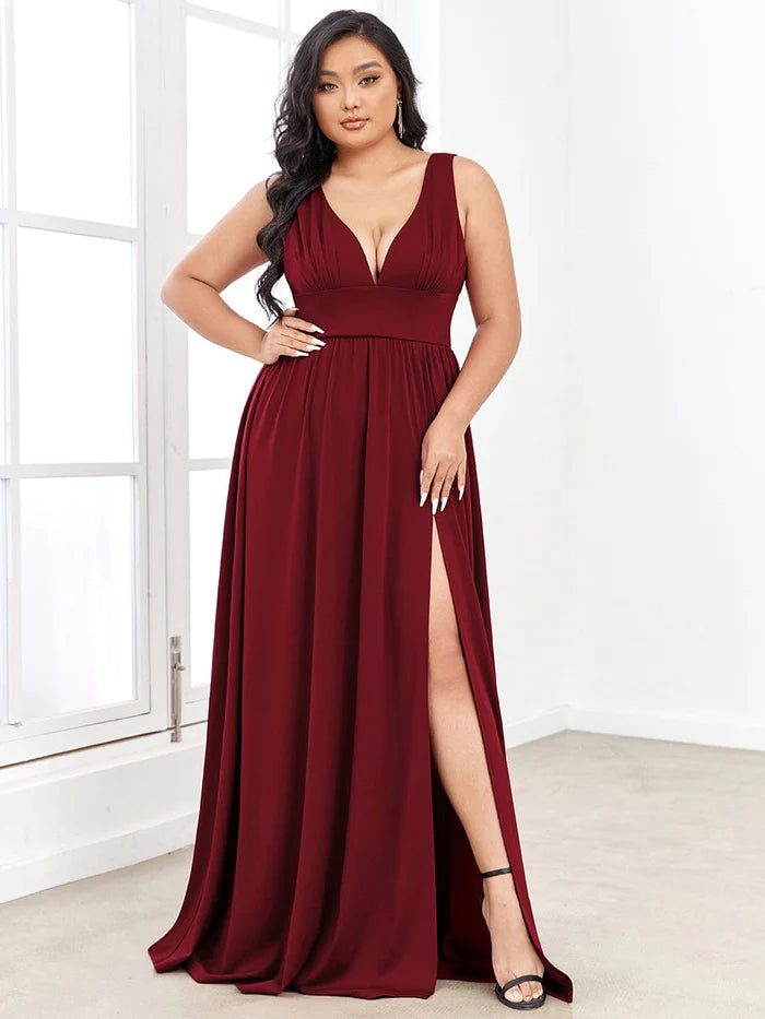 V-Neck High Slit Empire Waist Floor-Length Evening Dress