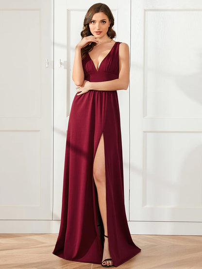 Sleeveless V-Neck Empire Waist High Slit Floor-Length Evening Dress