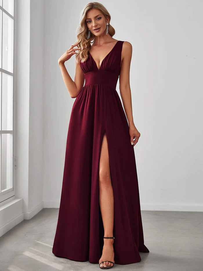 empire waist prom dress V-Neck High Slit Empire Waist Floor-Length Evening Dress – Koutun Dress