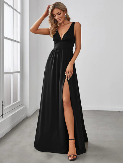 V-Neck High Slit Empire Waist Floor-Length Evening Dress