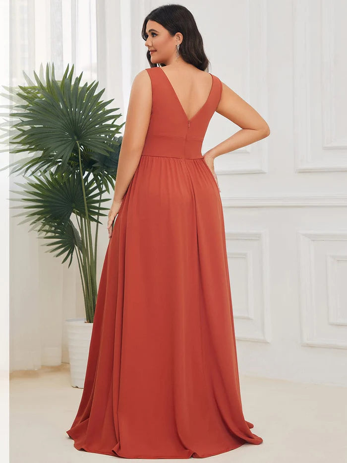 Stunning V-Neck Empire Waist Floor-Length Evening Dress with High Slit
