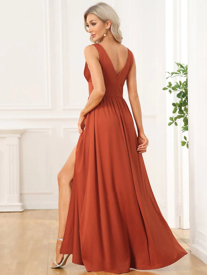 Stunning V-Neck Empire Waist Floor-Length Evening Dress with High Slit