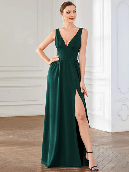 Sleeveless V-Neck Empire Waist High Slit Floor-Length Evening Dress