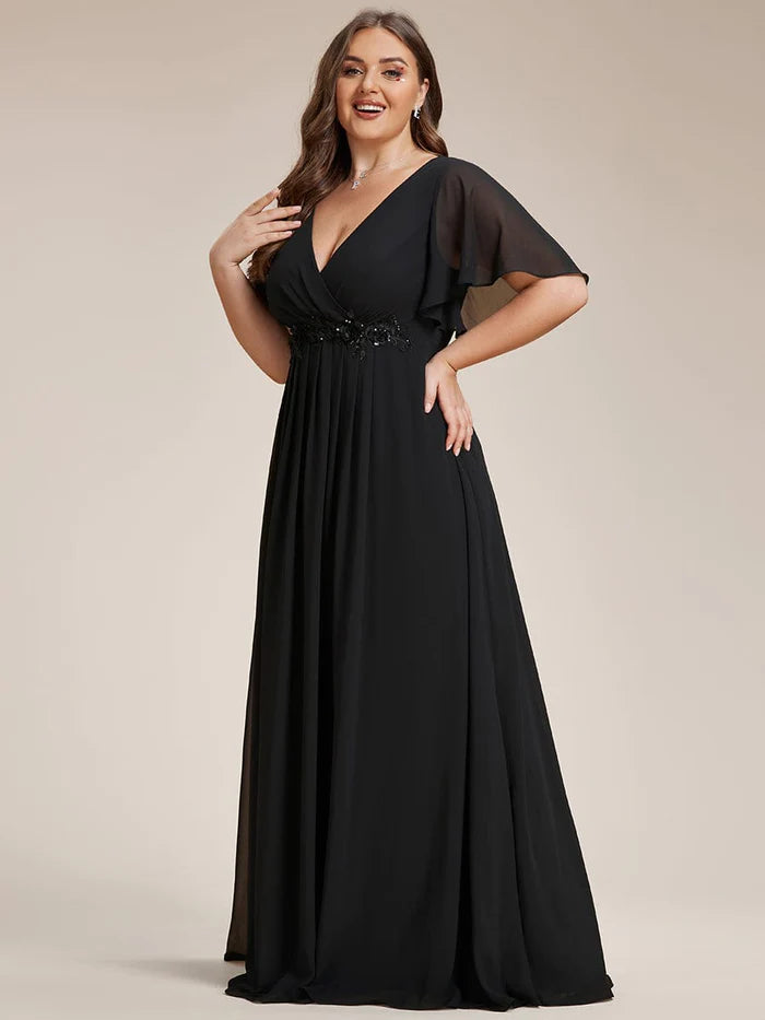Plus Size Floral Applique Short Sleeve A-Line Chiffon Evening Dress