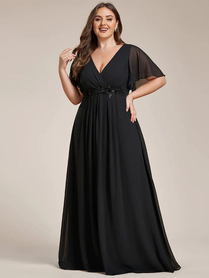 Plus Size Floral Applique Short Sleeve A-Line Chiffon Evening Dress