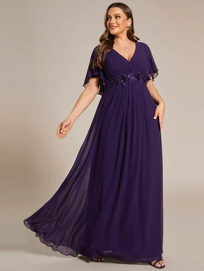 Plus Size Floral Applique Short Sleeve A-Line Chiffon Evening Dress