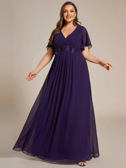 Plus Size Floral Applique Short Sleeve A-Line Chiffon Evening Dress