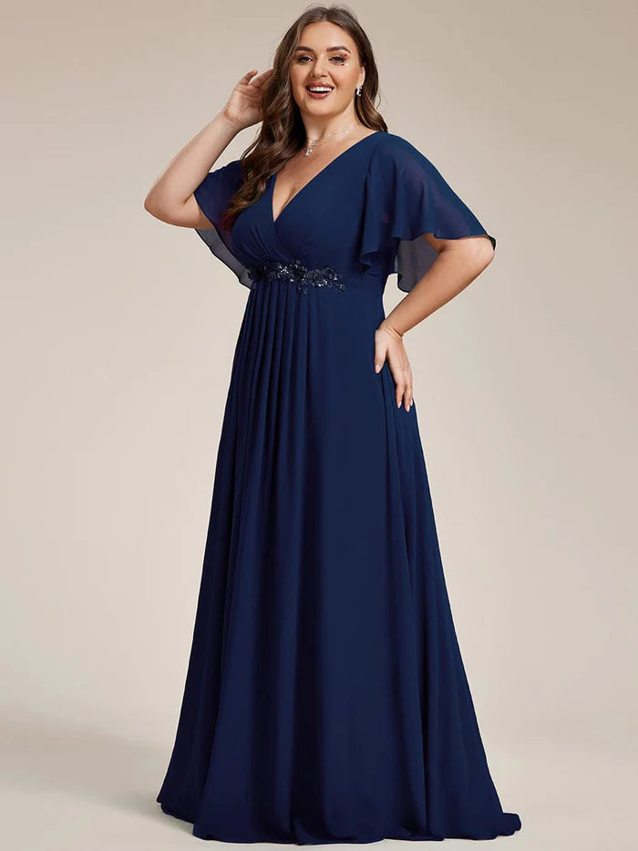 Plus Size Floral Applique Short Sleeve A-Line Chiffon Evening Dress