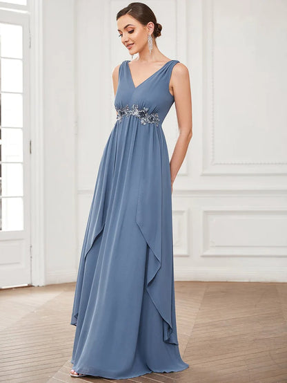 V-Neck Sleeveless Chiffon Sequin Waist A-Line Evening Dress