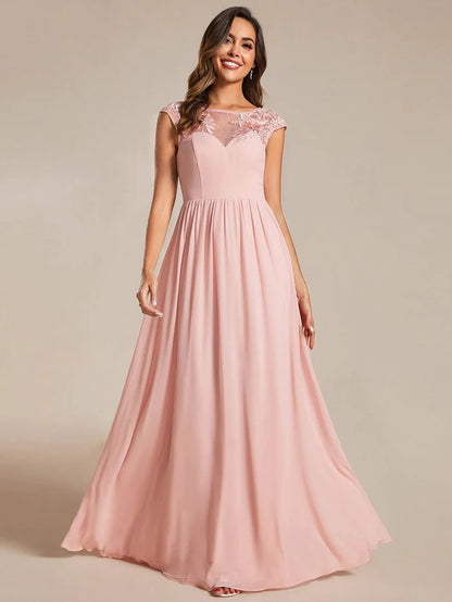 Shoulder Applique Round Neckline A-Line Formal Evening Dress featuring Cap Sleeves