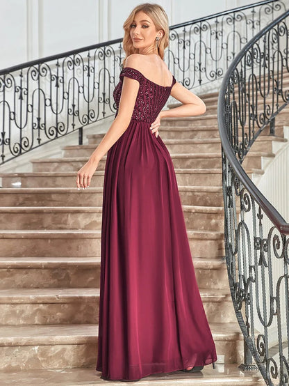 Off Shoulder Shining Paillette A-Line Maxi Evening Dress