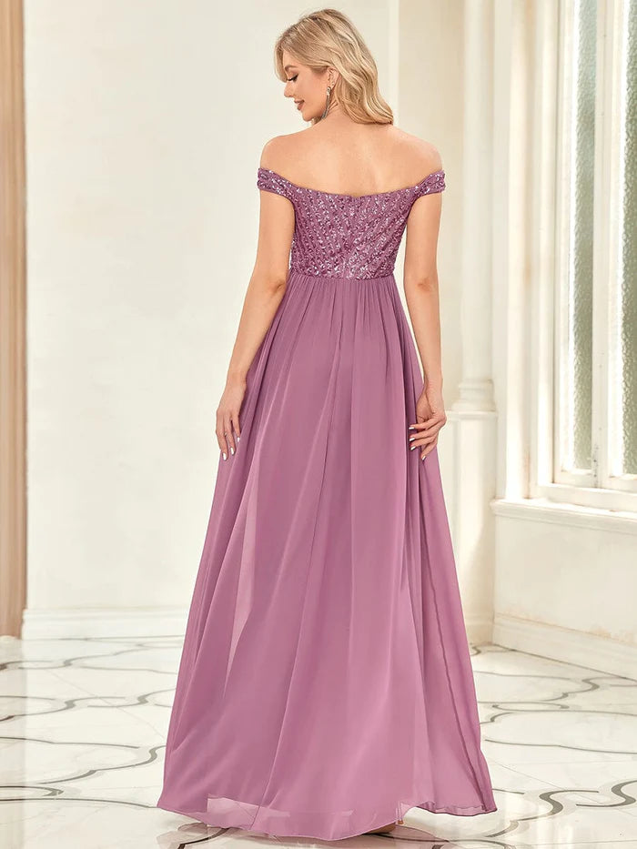 Off Shoulder Shining Paillette A-Line Maxi Evening Dress