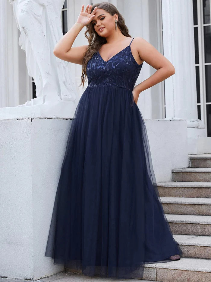V Neck Spaghetti Strap Embroidered Floor Length Tulle Evening Dress