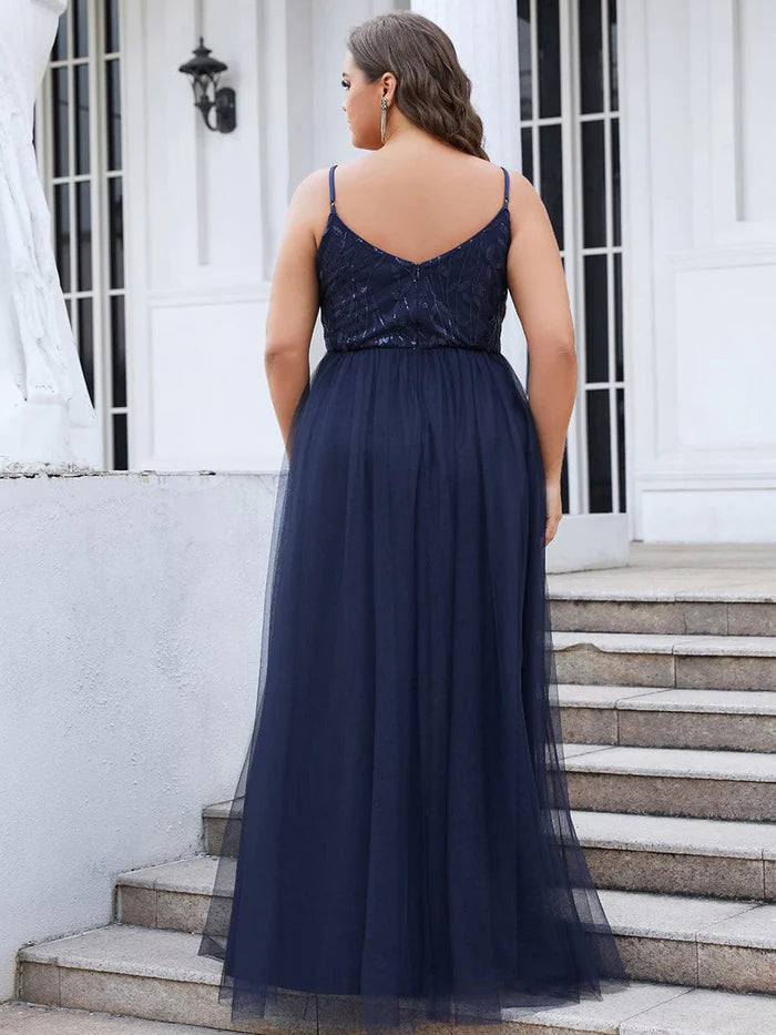 V Neck Spaghetti Strap Embroidered Floor Length Tulle Evening Dress