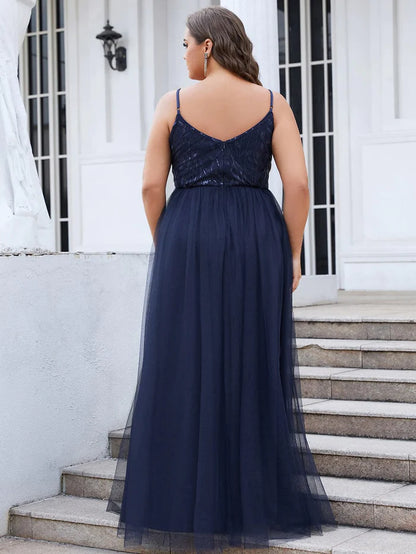 V Neck Spaghetti Strap Embroidered Floor Length Tulle Evening Dress