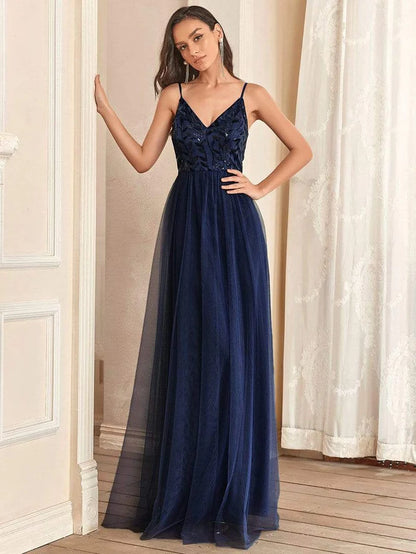 V Neck Spaghetti Strap Embroidered Floor Length Tulle Evening Dress