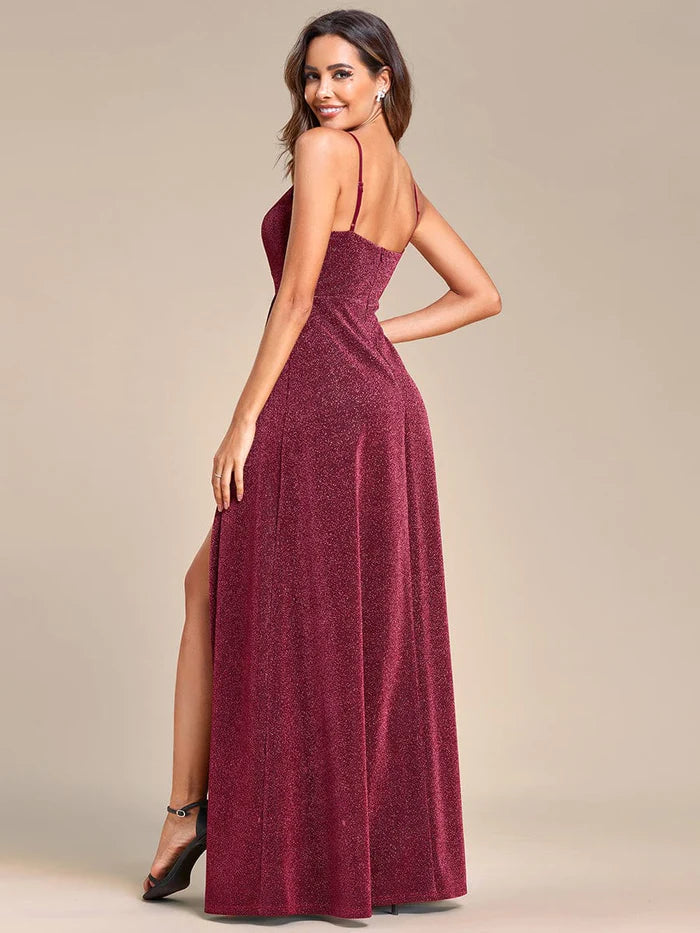 Vintage V-neck Spaghetti Straps Glitter Maxi Evening Dress