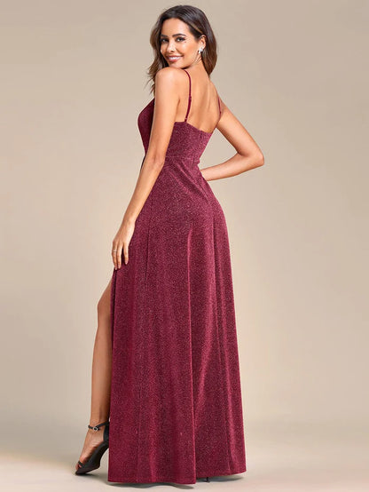 Vintage V-neck Spaghetti Straps Glitter Maxi Evening Dress