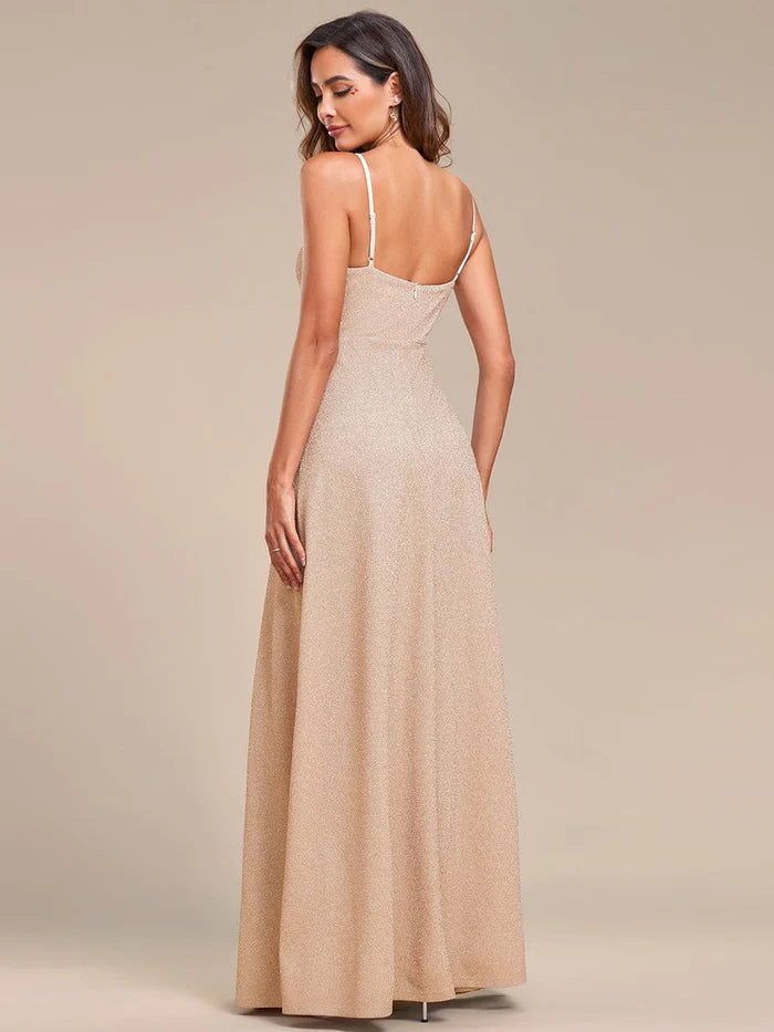 Vintage V-neck Spaghetti Straps Glitter Maxi Evening Dress
