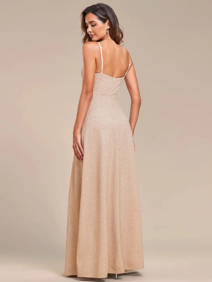 Vintage V-neck Spaghetti Straps Glitter Maxi Evening Dress