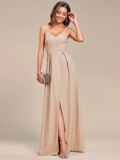 Vintage V-neck Spaghetti Straps Glitter Maxi Evening Dress