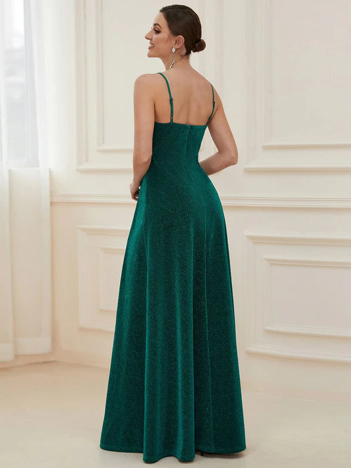 Vintage V-neck Spaghetti Straps Glitter Maxi Evening Dress