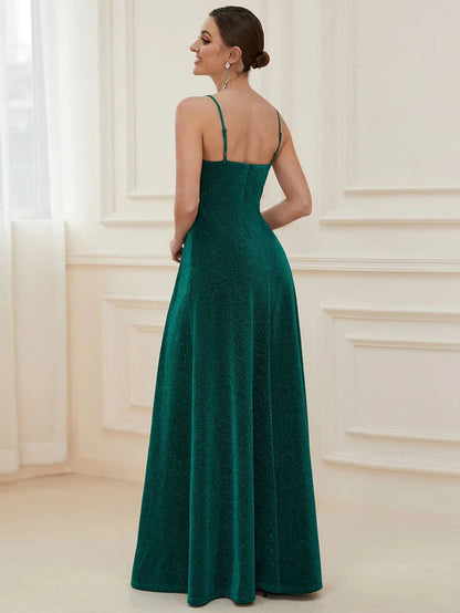 Vintage V-neck Spaghetti Straps Glitter Maxi Evening Dress