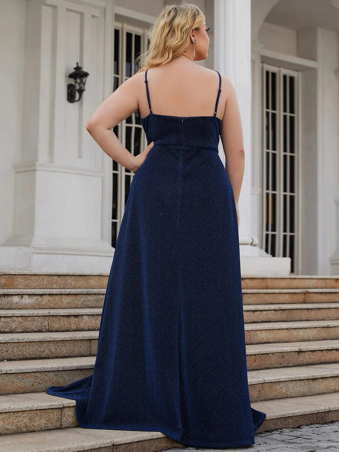 Vintage V-neck Spaghetti Straps Glitter Maxi Evening Dress