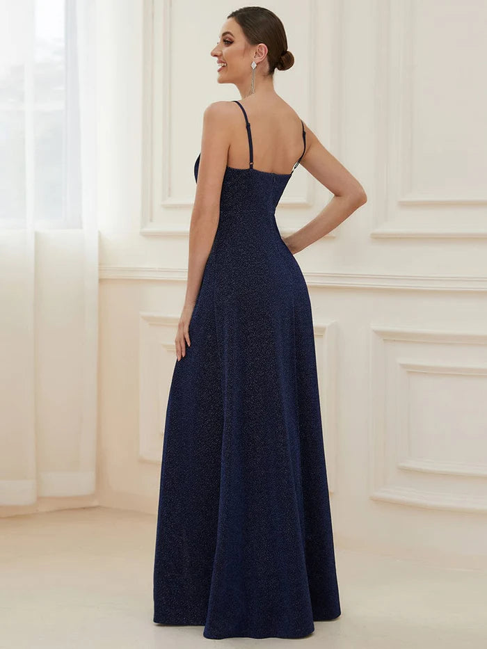 Vintage V-neck Spaghetti Straps Glitter Maxi Evening Dress