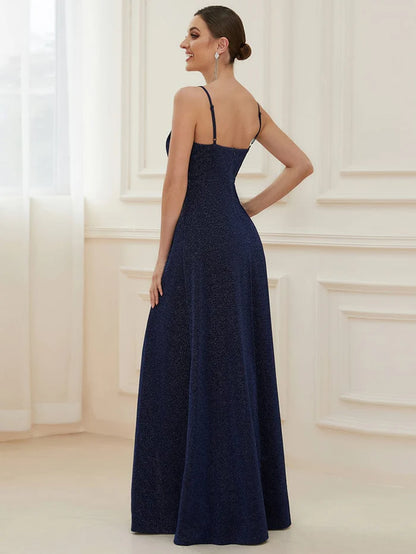 Vintage V-neck Spaghetti Straps Glitter Maxi Evening Dress