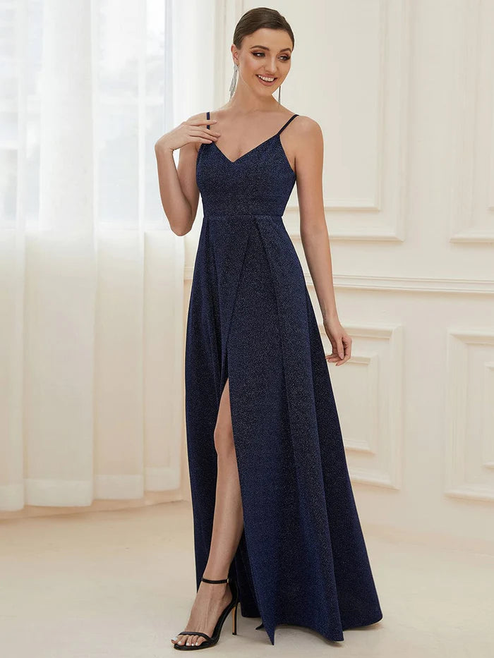 Vintage V-neck Spaghetti Straps Glitter Maxi Evening Dress