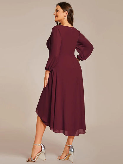 Plus Size Long Sleeve V-Neck Chiffon High Low Wedding Guest Dress