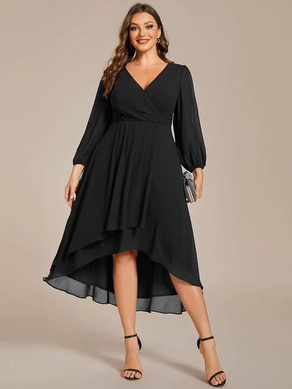 Plus Size Long Sleeve V-Neck Chiffon High Low Wedding Guest Dress