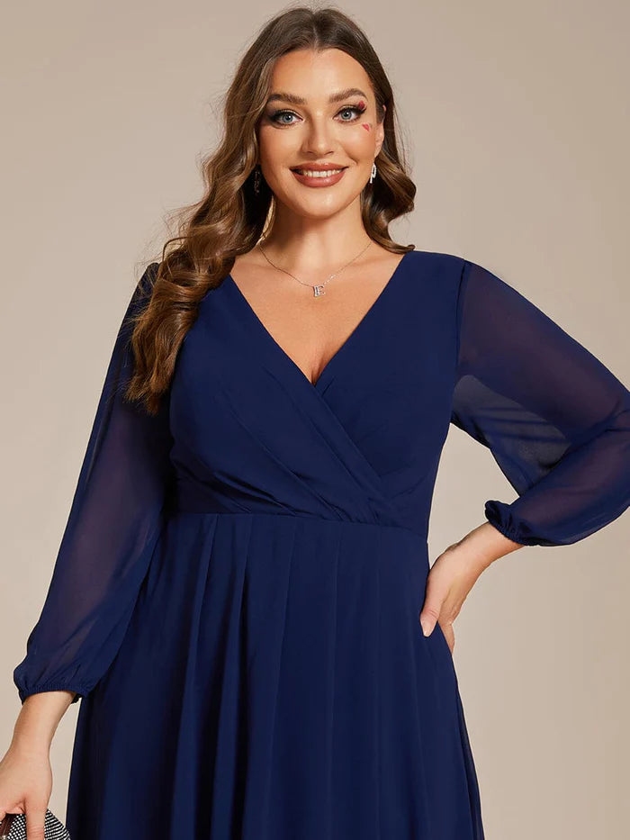Plus Size Long Sleeve V-Neck Chiffon High Low Wedding Guest Dress