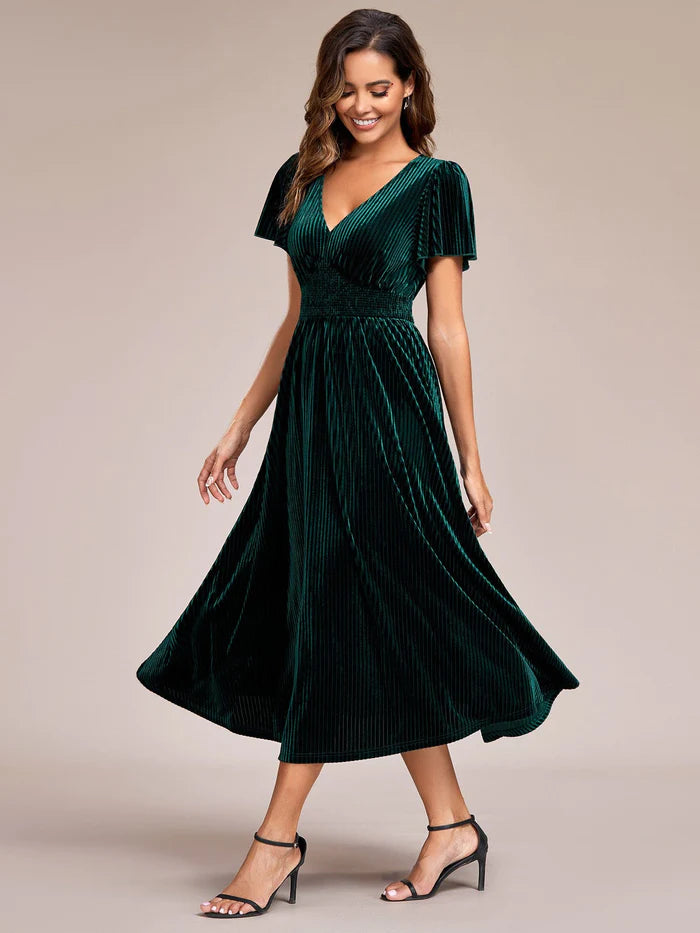 Striped Velvet Flutter Sleeves V-Neck Midi Wedding Guest Dress